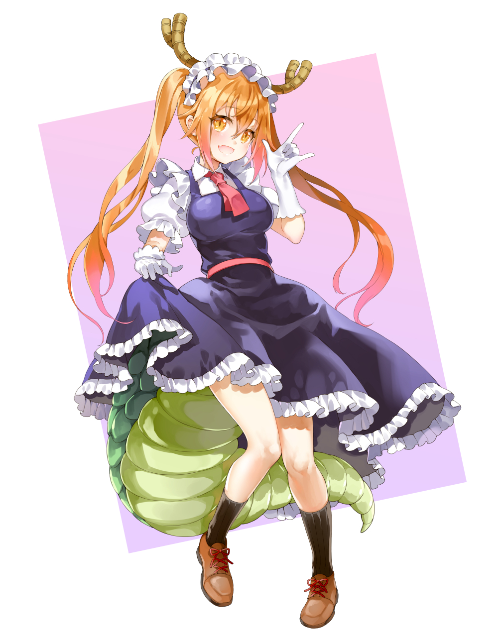 1girl black_legwear blush breasts dragon_tail eyebrows_visible_through_hair full_body gloves highres horns kobayashi-san_chi_no_maidragon large_breasts long_hair looking_at_viewer maid_headdress orange_eyes orange_hair puffy_short_sleeves puffy_sleeves shiosoda short_sleeves smile socks solo tail tooru_(maidragon) twintails white_gloves