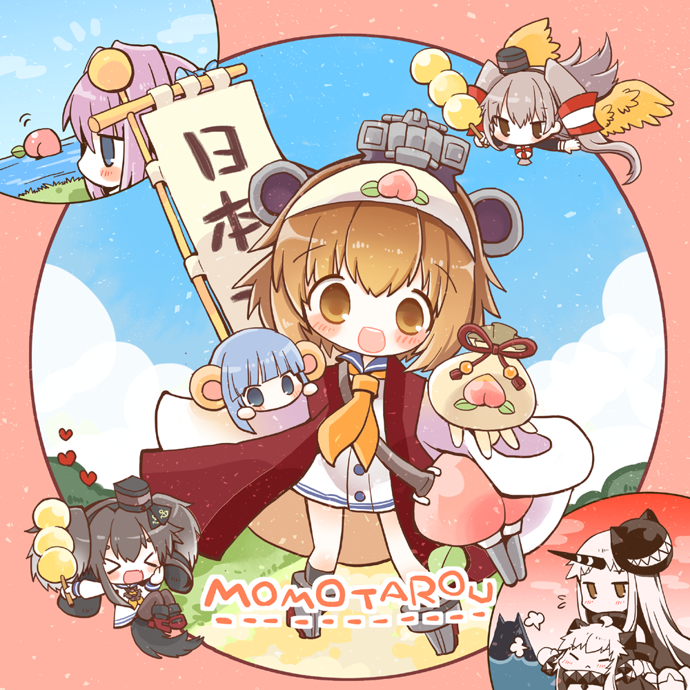 &gt;:&lt; &gt;_&lt; 6+girls :d amatsukaze_(kantai_collection) bag banner blue_eyes blue_hair blush brown_eyes brown_hair chibi closed_mouth commentary_request dog_tail food fruit grey_hair hair_tubes hat hatsukaze_(kantai_collection) headband headgear horn kantai_collection long_hair mask mask_on_head momotarou monkey_ears multiple_girls neckerchief northern_ocean_hime open_mouth pantyhose peach pink_hair seaport_hime shinkaisei-kan shiranui_(kantai_collection) short_hair smile tail tokitsukaze_(kantai_collection) two_side_up white_hair white_skin wings wishbone yukikaze_(kantai_collection)