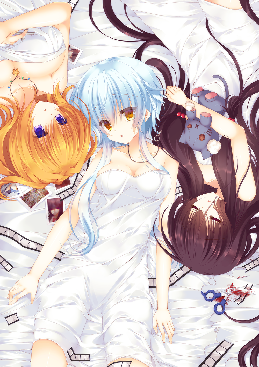 3girls :o bangs bare_arms bare_shoulders bed_sheet blood blue_hair breasts broken brown_hair cleavage closed_eyes collarbone cross eyebrows_visible_through_hair eyes_visible_through_hair film_strip from_above hair_between_eyes hair_bobbles hair_intakes hair_ornament head_tilt highres holding holding_stuffed_animal jewelry key large_breasts long_hair looking_at_viewer lying medium_breasts multiple_girls necklace on_back orange_hair original parted_lips photo_(object) scissors short_hair_with_long_locks slit_pupils stain stained_sheets stuffed_animal stuffed_cat stuffed_toy stuffing suzune_rena triangle_mouth under_covers upside-down very_long_hair violet_eyes yellow_eyes