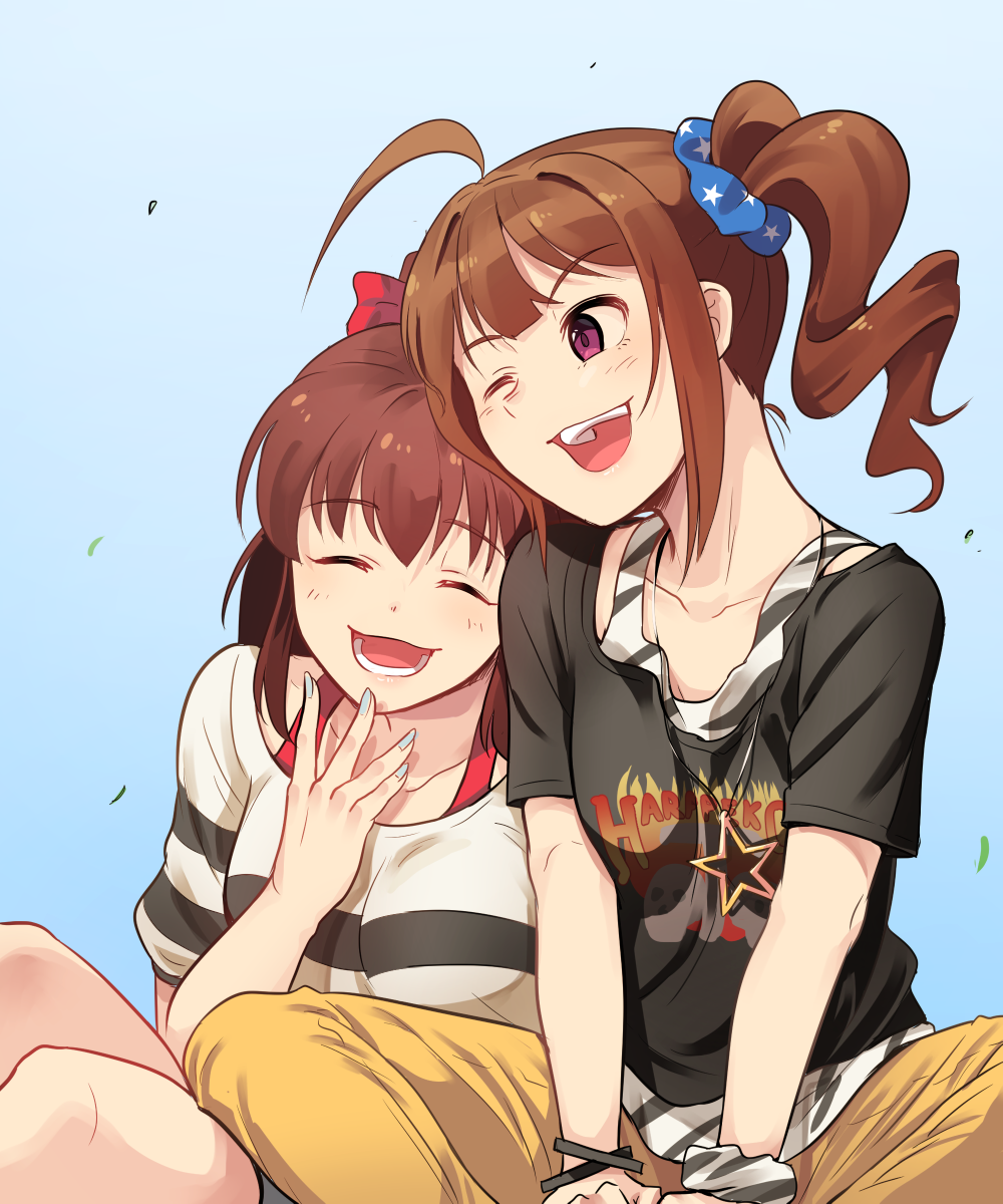 2girls blue_nails blush bra_strap breasts brown_hair closed_eyes collarbone drill_locks eyebrows_visible_through_hair facing_away highres idolmaster idolmaster_million_live! kamille_(vcx68) large_breasts looking_at_another multiple_girls nail_polish one_eye_closed open_mouth satake_minako short_hair smile violet_eyes yokoyama_nao