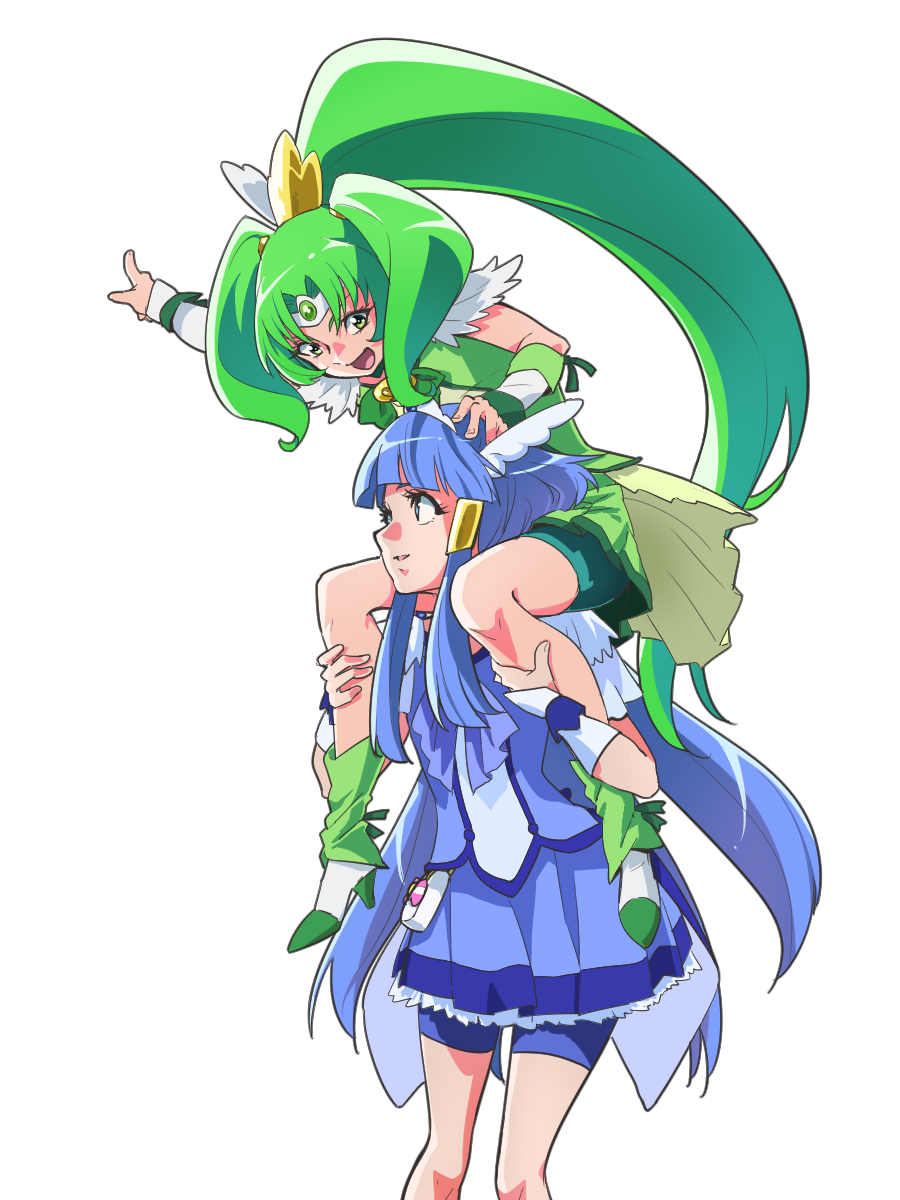 2girls :d aoki_reika bike_shorts blue_eyes blue_hair blue_shorts blue_skirt bow carrying circlet cure_beauty cure_march green_bow green_choker green_eyes green_hair green_shorts green_skirt hair_tubes head_wings highres long_hair looking_at_another magical_girl midorikawa_nao multiple_girls nukosann open_mouth pointing ponytail precure shoes shorts shorts_under_skirt shoulder_carry sidelocks skirt smile smile_precure! tri_tails white_background white_shoes wrist_cuffs