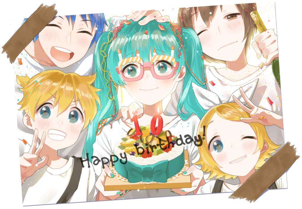 2girls 3boys birthday_cake blonde_hair blue_eyes blue_hair blue_nails blush brown_hair cake character_request closed_eyes closed_mouth eyebrows_visible_through_hair facing_viewer food furururu happy_birthday hatsune_miku kagamine_len kagamine_rin long_hair looking_at_viewer multiple_boys multiple_girls nail_polish one_eye_closed open_mouth parted_lips short_hair smile teeth twintails v vocaloid