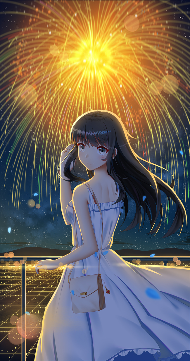 1girl bag black_hair blush brown_eyes closed_mouth dress eyebrows_visible_through_hair fireworks handbag highres ji_dao_ji long_hair looking_at_viewer original smile solo white_dress