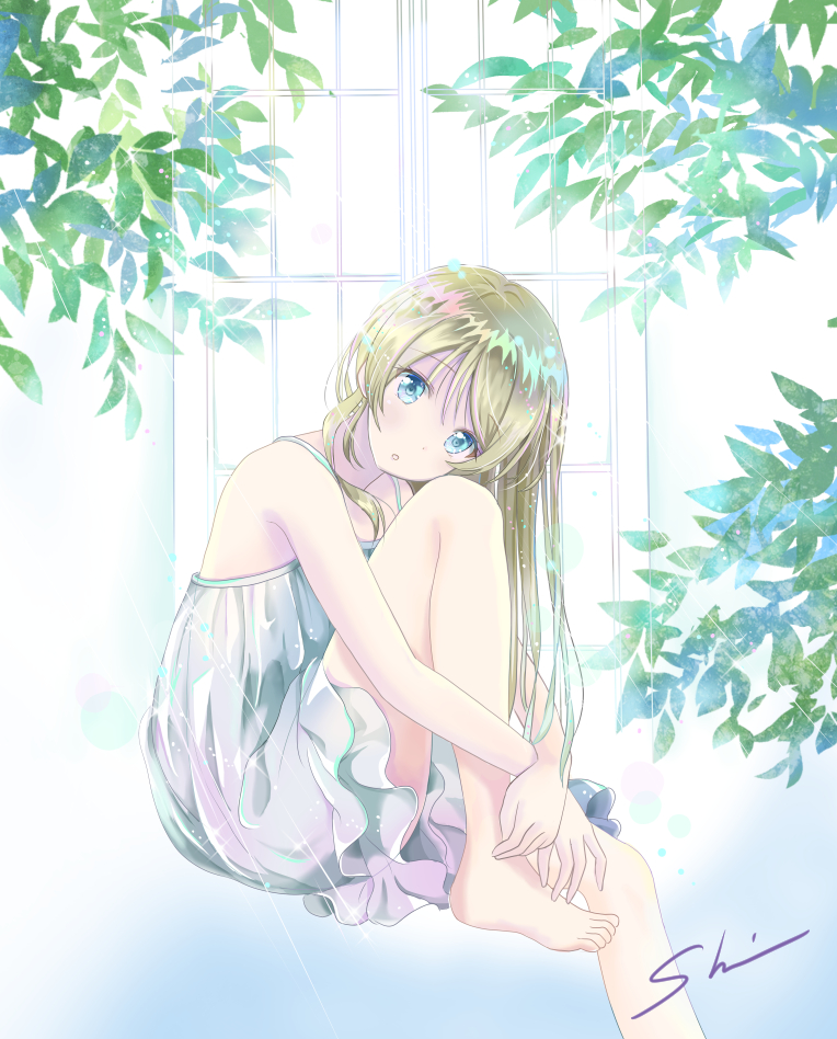 1girl ayase_eli barefoot blonde_hair blue_eyes blush collarbone dress eyebrows_visible_through_hair long_hair looking_at_viewer love_live! love_live!_school_idol_project parted_lips shino_(shinderera) signature sitting solo white_dress