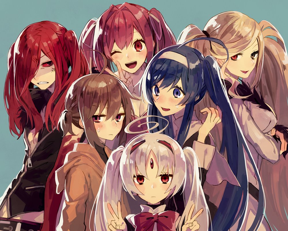 1boy 5girls ;d ahoge alternate_hairstyle anger_vein black_eyes blonde_hair blue_eyes blue_hair blush bow breasts brown_eyes brown_hair carmine cleavage clenched_teeth crossed_arms double_v expressionless forehead_jewel fur_trim hair_intakes hair_over_one_eye hair_ribbon hairband heterochromia hilda_(under_night_in-birth) huge_ahoge linne looking_at_viewer multiple_girls one_eye_closed open_mouth orie_(under_night_in-birth) pink_hair red_eyes red_sclera redhead ribbon short_twintails smile suzunashi sweatdrop teeth twintails under_night_in-birth upper_body v vatista white_hair yuzuriha_(under_night_in-birth)