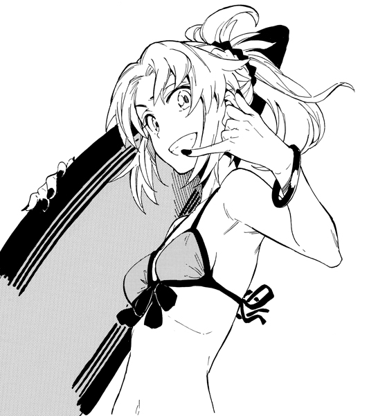 bikini_top bracelet fate/apocrypha fate_(series) jewelry monochrome mordred_(swimsuit_rider)_(fate) nail_polish ponytail saber_of_red surfboard swimsuit t-okada