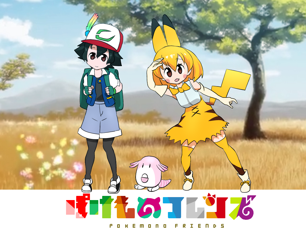 2girls backpack bag chansey chansey_(cosplay) cosmo_(465lilia) cosplay crossover english hat kaban_(kemono_friends) kemono_friends lucky_beast_(kemono_friends) multiple_girls pantyhose pikachu pikachu_(cosplay) pokemon pokemon_(anime) satoshi_(pokemon) satoshi_(pokemon)_(cosplay) serval_(kemono_friends) thigh-highs tree
