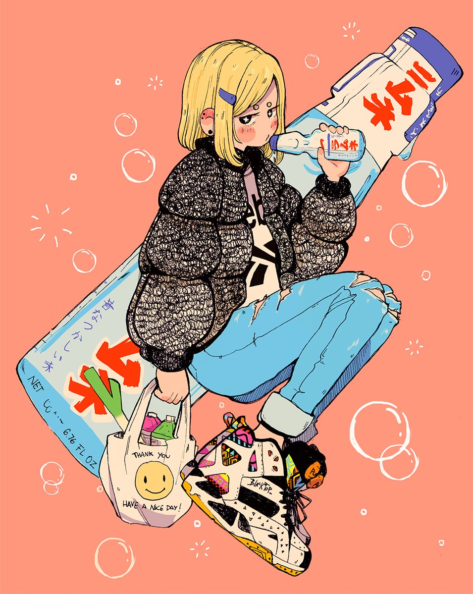 1girl blonde_hair blush bubble crisalys denim english jacket jeans looking_at_viewer orange_background original pants ramune shoes solo torn_clothes torn_jeans