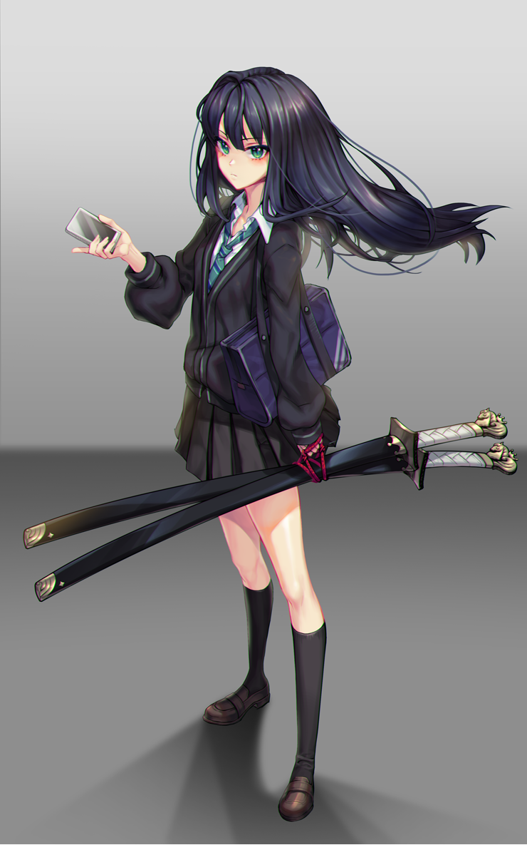 1girl artist_request bag cellphone commentary idolmaster idolmaster_cinderella_girls phone school_bag school_uniform shibuya_rin smartphone solo sword weapon