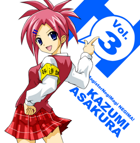 asakura_kazumi blue_eyes hair_ornament hairclip hand_on_hip kiiro looking_back mahou_sensei_negima mahou_sensei_negima! parody plaid plaid_skirt pointing ponytail red_hair redhead safety_pin school_uniform short_hair skirt suzumiya_haruhi_no_yuuutsu