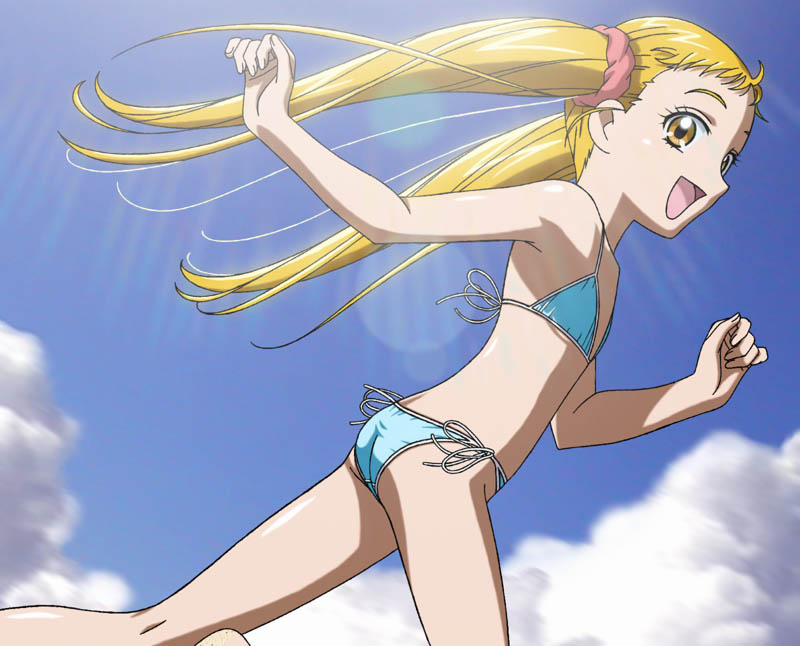 asahina_(asahinatei) blonde_hair cloud clouds flat_chest futari_wa_pretty_cure kasugano_urara long_hair natsuhina precure side-tie_bikini sky smile swimsuit twintails yellow_eyes yes!_precure_5