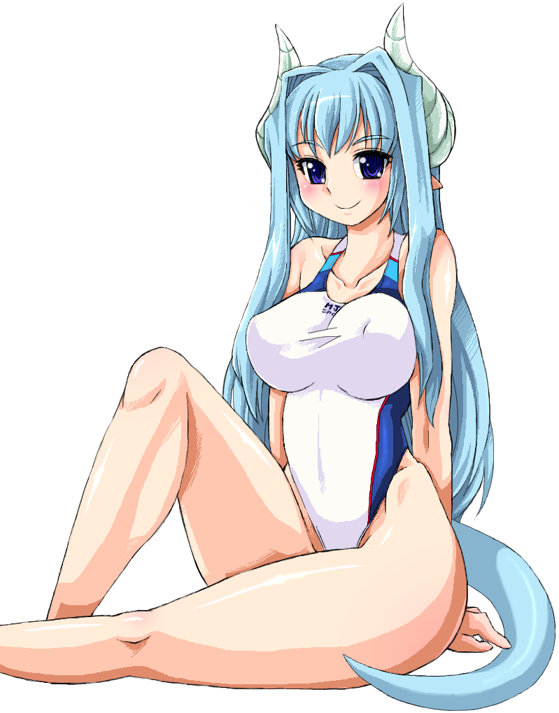 blue_hair blush breasts competition_swimsuit horns large_breasts legs long_hair nanashi_mushi one-piece_swimsuit original pointy_ears shipo_aki sitting smile solo swimsuit tail thick_thighs thighs very_long_hair