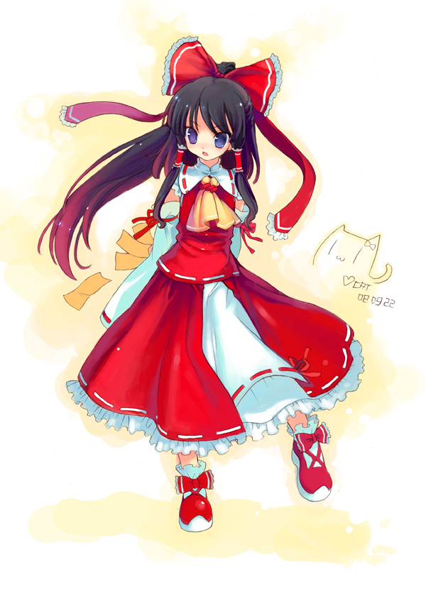 black_hair blue_eyes bow brooch cat.lqe catlqe detached_sleeves dress gradient_hair hair_bow hakurei_reimu jewelry multicolored_hair ribbon standing touhou twintails