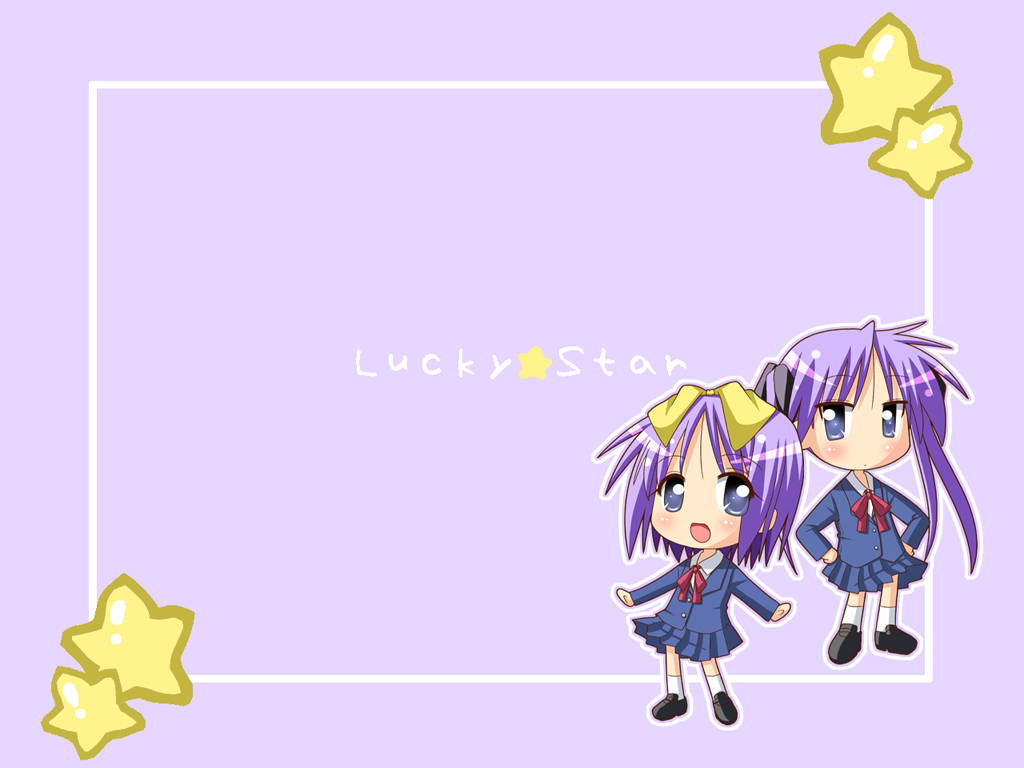 chibi hair_ribbon hair_ribbons hands_on_hips hiiragi_kagami hiiragi_tsukasa long_hair lucky_star minami_(colorful_palette) purple_hair ribbon ribbons school_uniform short_hair siblings twins twintails wallpaper