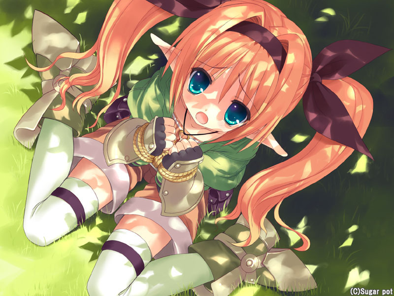 blue_eyes bound_wrists carol_miruto copyright_notice elf fingerless_gloves from_above game_cg gloves grass jewelry long_hair necklace open_mouth pointy_ears rope sasori_gatame sasorigatame shorts sitting thigh-highs thighhighs tied_wrists twintails white_legwear wizard_girl_ambitious zettai_ryouiki
