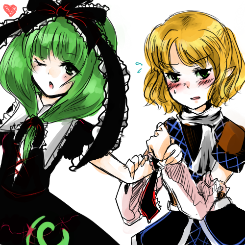 arm_warmers armwarmers blonde_hair blush dress front_ponytail green_eyes green_hair hand_holding heart holding_hands jealousy kagiyama_hina lowres mizuhashi_parsee multiple_girls open_mouth pointy_ears ribbon ribbons scarf short_hair sweat touhou wink