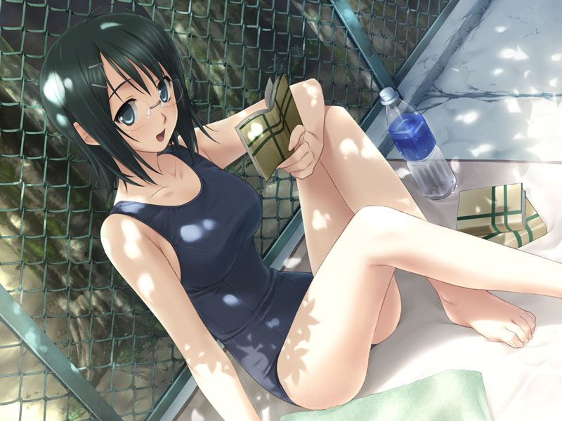 black_hair book chainlink_fence dutch_angle feet game_cg glasses green_eyes hashimoto_takashi one-piece_swimsuit open_mouth reading school_swimsuit short_hair sitting smile swimsuit towel yorihime_nao yosoganosora yosuga_no_sora