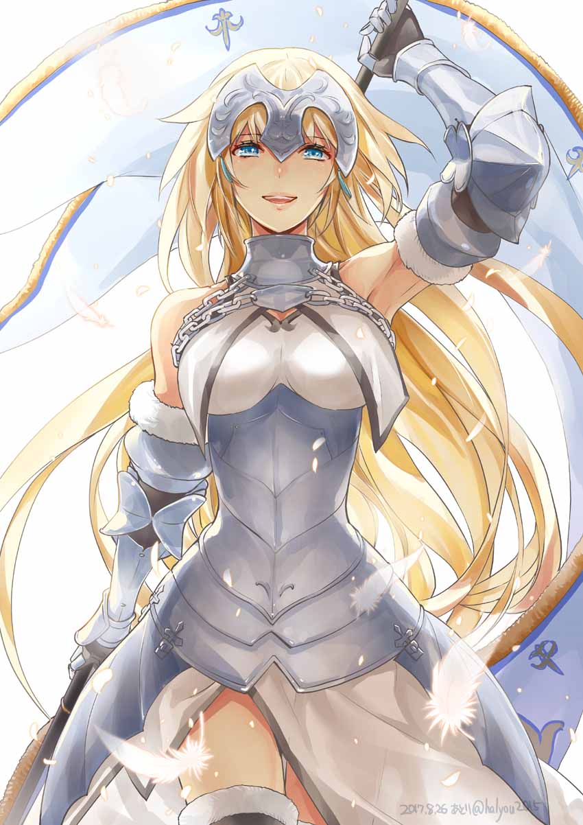 1girl armor armored_dress blonde_hair blue_eyes chains fate/grand_order fate_(series) faulds feathers flag fur_trim gauntlets halyou headpiece highres holding long_hair looking_at_viewer plackart ruler_(fate/apocrypha) smile solo thigh-highs