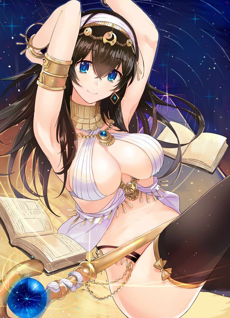 1girl armlet armpits arms_up ashita_(2010) bangs bare_shoulders black_hair black_legwear blue_eyes book bracelet breasts chains circlet cleavage commentary_request detached_collar earrings egyptian_clothes eyebrows_visible_through_hair hair_between_eyes hairband halterneck hips idolmaster idolmaster_cinderella_girls jewelry large_breasts long_hair looking_at_viewer necklace night night_sky open_book pendant pyramid sagisawa_fumika sky smile solo staff star_(sky) starry_sky thighs waist