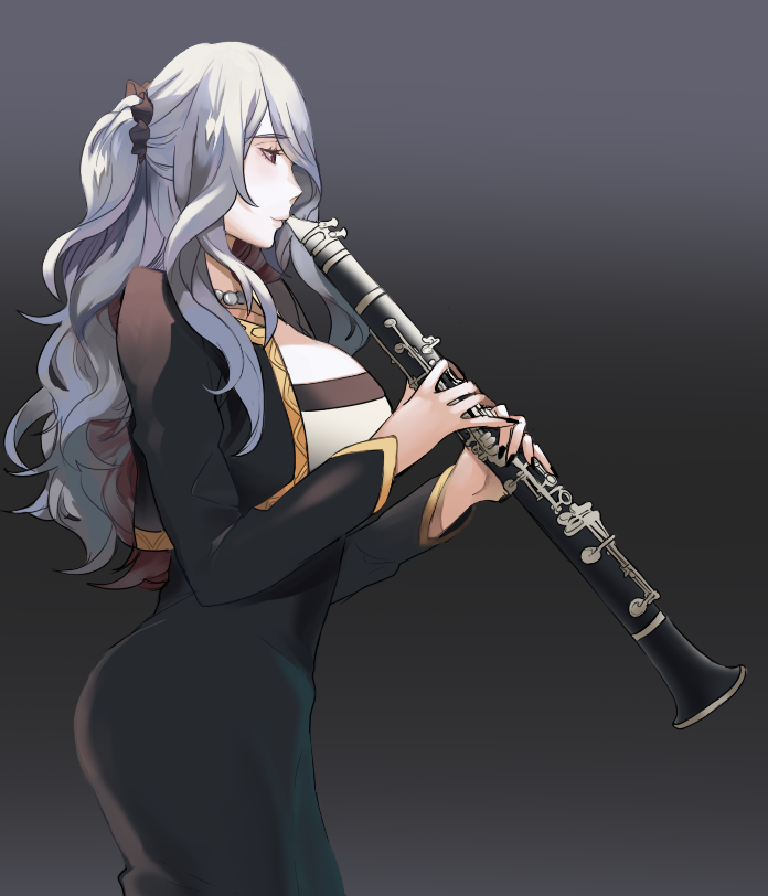 1girl black_background breasts camilla_(fire_emblem_if) clarinet curly_hair dress fire_emblem fire_emblem_if holding holding_instrument instrument large_breasts long_hair purple_hair simple_background smile solo