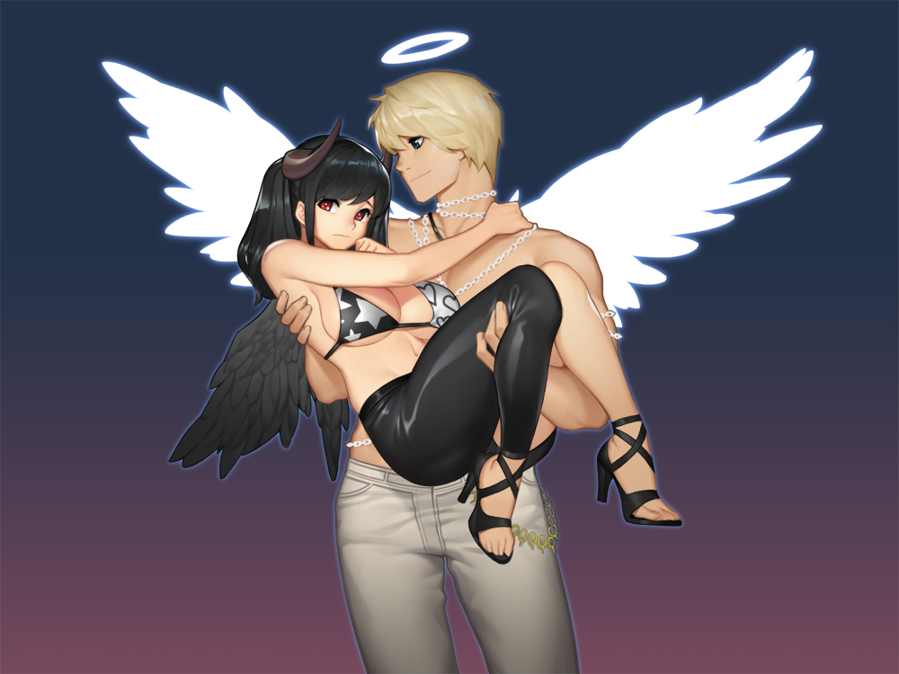 1boy 1girl angel angel_and_devil bikini_top black_hair black_pants black_wings bling_(wnsdud34) blonde_hair breasts carrying chain_necklace chains demon_girl demon_horns halo high_heels horns jewelry large_breasts leather leather_pants long_hair looking_at_another looking_away mabinogi mabinogi_heroes muscle necklace pants princess_carry red_eyes smile topless wavy_mouth white_pants white_wings wings