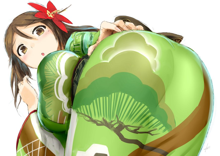 1girl amagi_(kantai_collection) ass blush breasts brown_eyes brown_hair camouflage_print ebizome flower green_kimono hair_flower hair_ornament japanese_clothes kantai_collection kimono large_breasts long_hair looking_at_viewer looking_back open_mouth simple_background solo twisted_torso uniform white_background wide_sleeves
