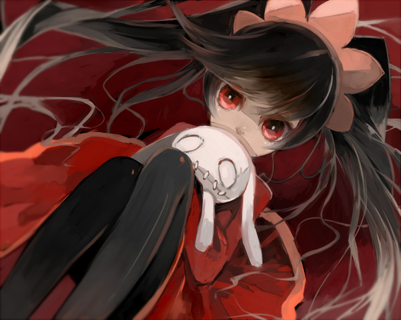 1girl ashley_(warioware) bangs black_hair black_legwear commentary_request convenient_leg covering_mouth dress from_above hairband holding holding_stuffed_animal iwato1712 long_hair long_sleeves looking_at_viewer lying on_back orange_hairband pantyhose red_background red_dress red_eyes solo stuffed_animal stuffed_bunny stuffed_toy twintails very_long_hair warioware