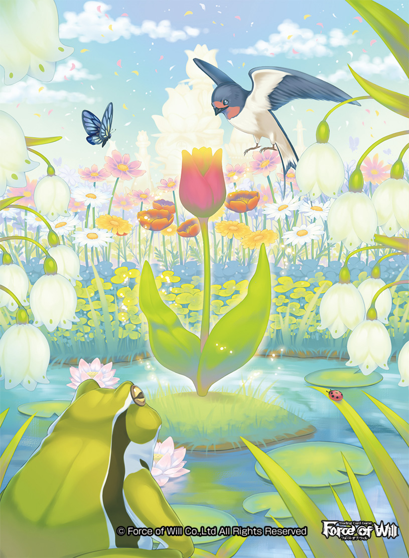 bird butterfly clouds copyright_name day flower force_of_will frog grass ladybug leaf lily_pad mie_nabe no_humans official_art petals sky sparkle water