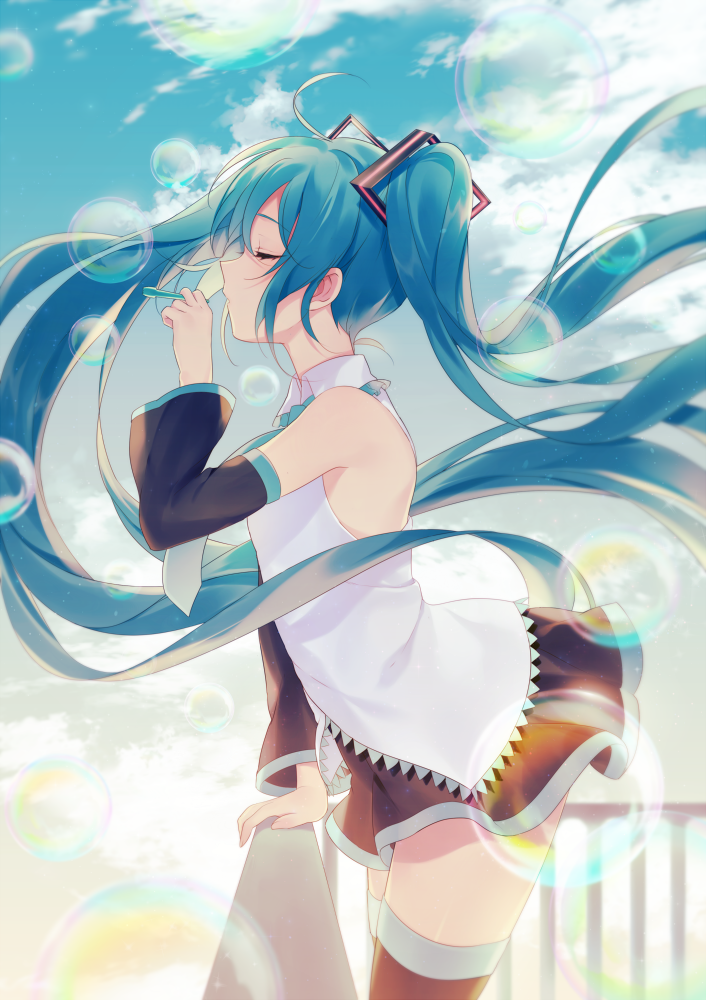 1girl achiki aqua_hair bangs black_legwear black_skirt blue_hair bubble_blowing closed_eyes clouds cloudy_sky collared_shirt day detached_sleeves floating_hair from_side hand_up hatsune_miku long_hair outdoors parted_lips profile railing shirt sidelocks skirt sky sleeveless sleeveless_shirt solo thigh-highs thighs twintails vocaloid white_shirt wind zettai_ryouiki