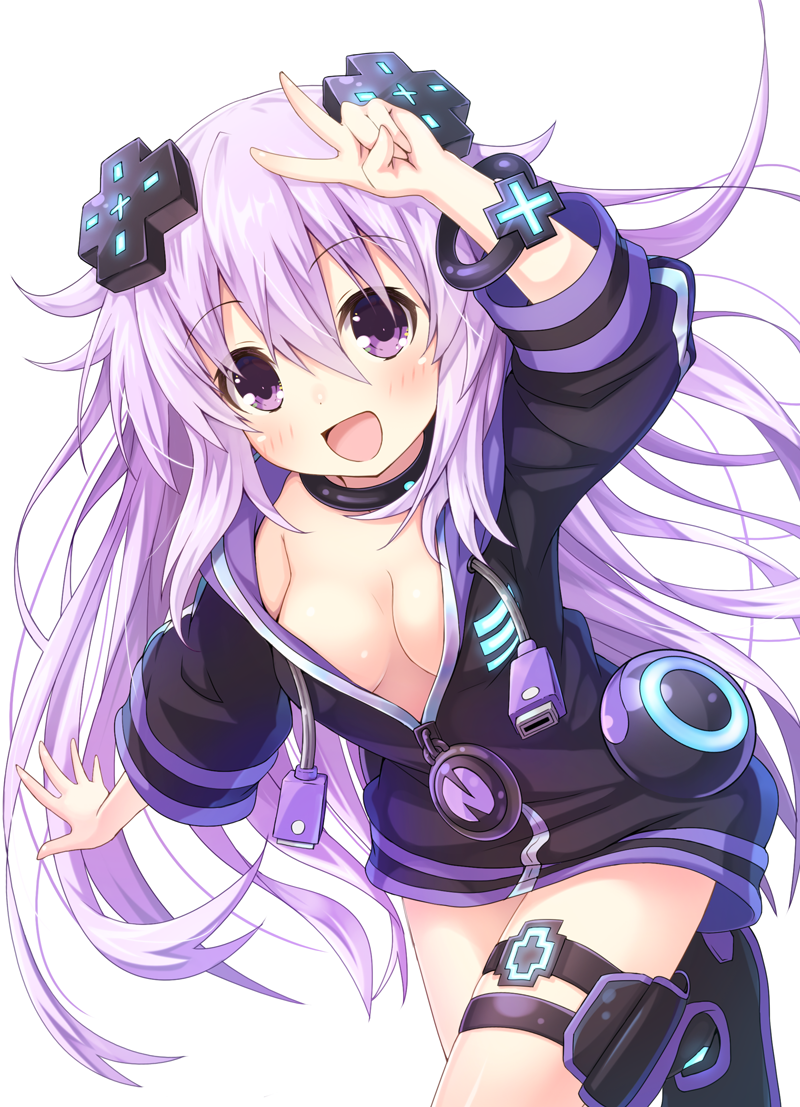 1girl adult_neptune blush breasts cleavage d-pad hair_ornament hood jacket long_hair looking_at_viewer neptune_(series) open_mouth purple_hair shin_jigen_game_neptune_vii smile solo track_jacket v violet_eyes