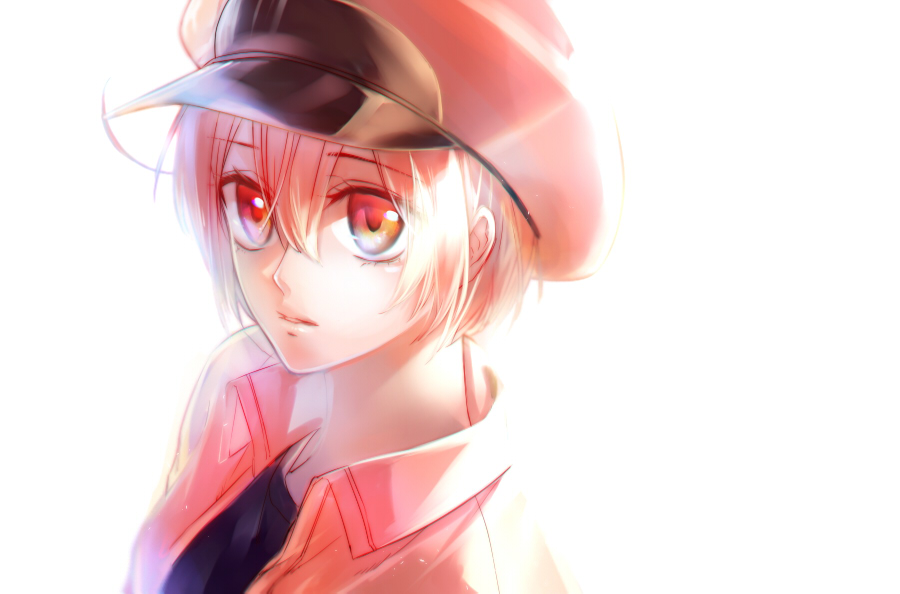1girl ae-3803 beret bou_(maimoca501) hat hataraku_saibou light looking_at_viewer red_blood_cell red_eyes redhead short_hair simple_background solo uniform upper_body