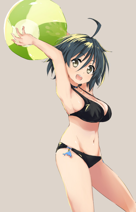 1girl abe_kanari ahoge armpits ball bare_arms bare_legs beachball bikini black_bikini black_eyes black_hair breasts character_request choker cleavage commentary_request grey_background hair_between_eyes high_school_fleet holding looking_at_viewer medium_breasts navel open_mouth shiny shiny_hair simple_background smile solo standing swimsuit