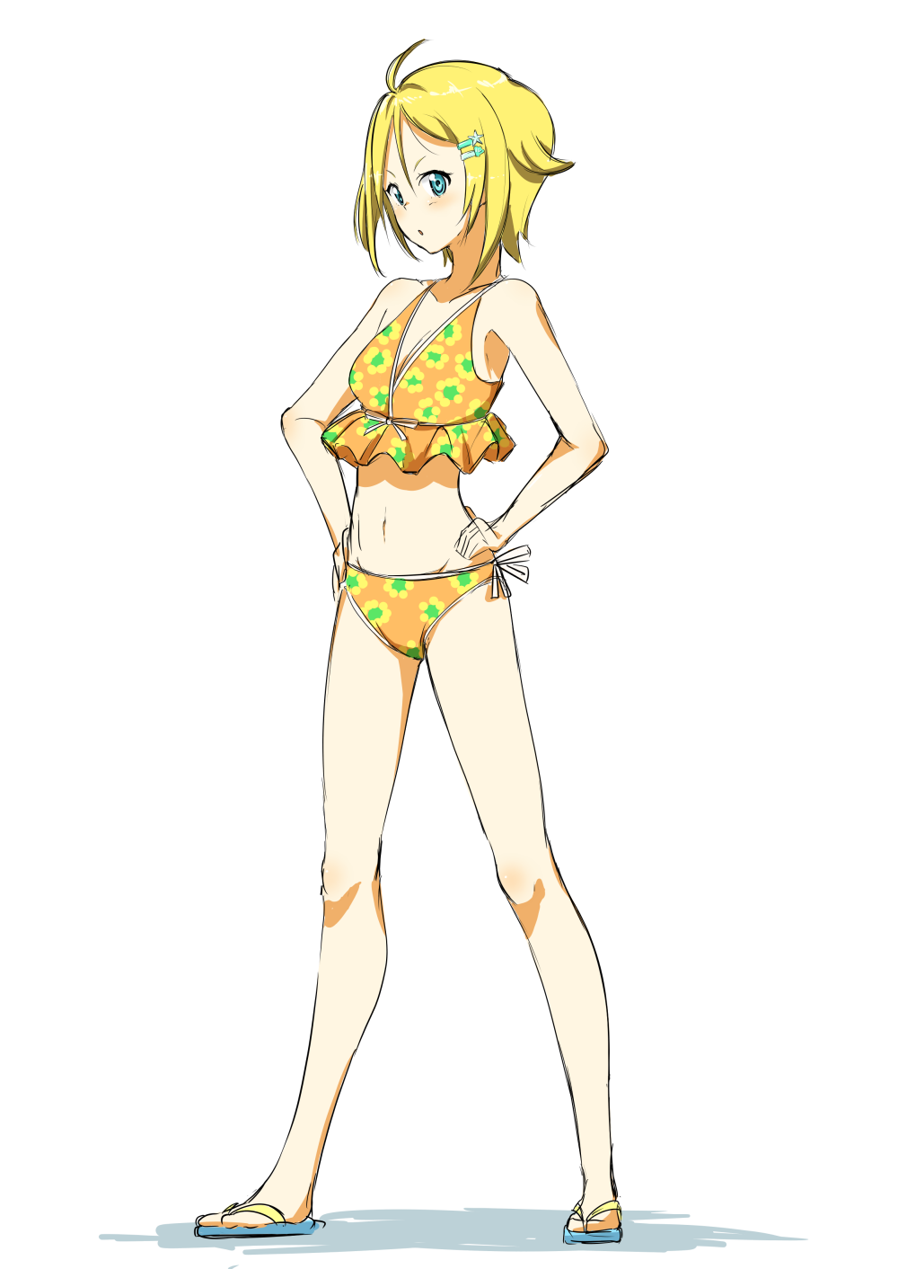 &gt;:o 1girl :o bikini blonde_hair blue_eyes blush bouen flip-flops floral_print frilled_bikini frills full_body hair_between_eyes hands_on_hips highres legs_apart looking_at_viewer navel nonohara_hime orange_bikini parted_lips sandals short_hair sidelocks solo standing swimsuit tokyo_7th_sisters