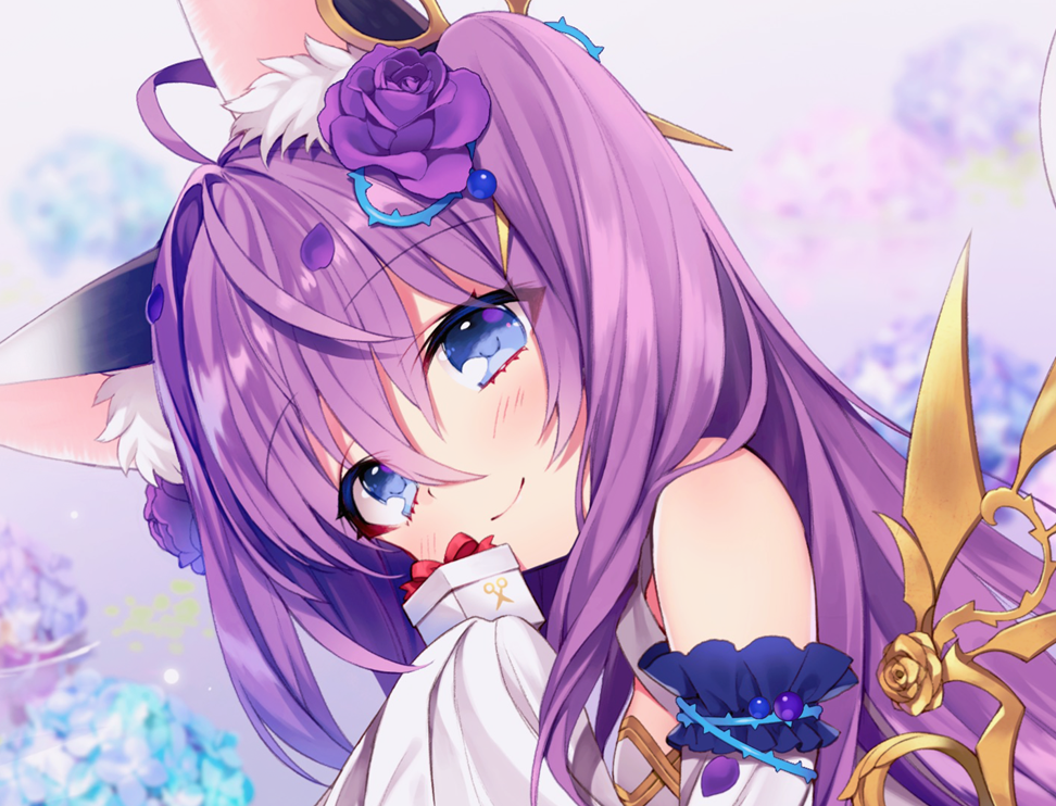 1girl ahoge animal_ears bangs blue_eyes blurry blush byulzzimon cat_ears close-up closed_mouth depth_of_field detached_sleeves eyebrows_visible_through_hair flower gift hair_between_eyes hair_flower hair_ornament hand_up holding holding_gift hydrangea light_smile long_hair looking_at_viewer official_art outdoors purple_flower purple_hair purple_rose rose scissors scissors_hair_ornament smile solo unleashed upper_body