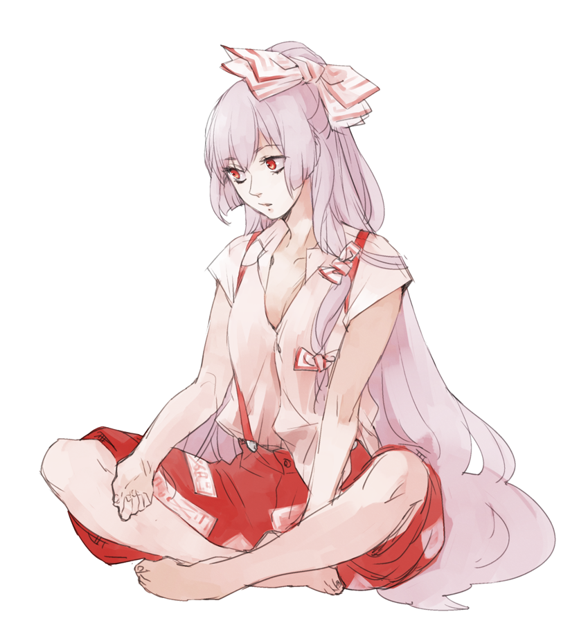 1girl asakura_noi fujiwara_no_mokou grey_hair hair_ribbon indian_style long_hair ofuda open_clothes open_shirt red_eyes ribbon shirt sitting solo suspenders touhou very_long_hair white_background white_hair