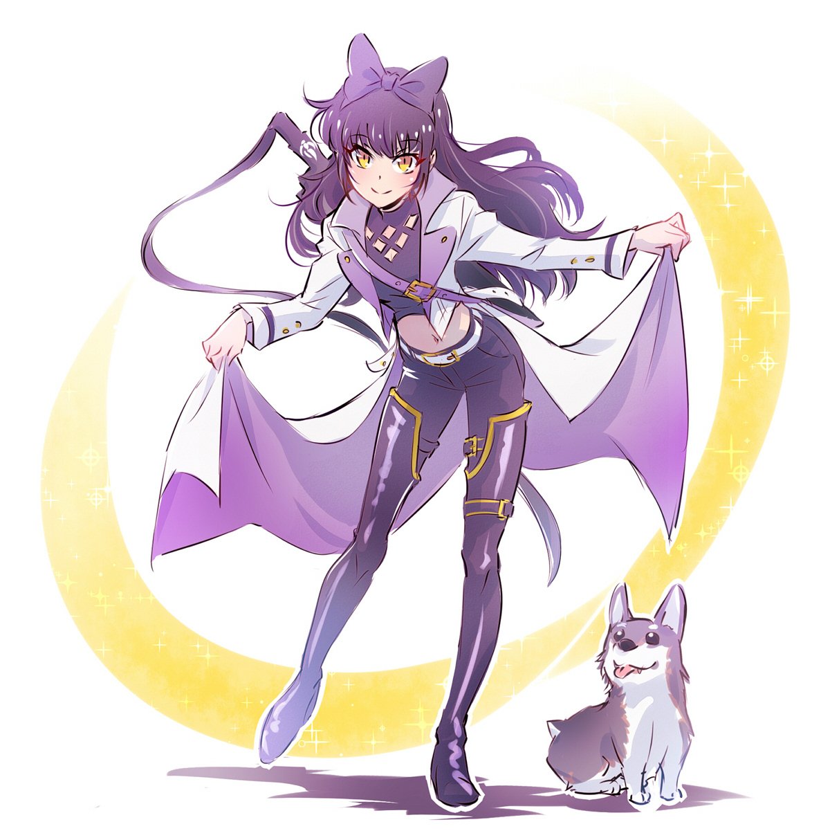 1girl alternate_costume black_hair blake_belladonna bow gambol_shroud hair_bow highres iesupa rwby solo welsh_corgi yellow_eyes zwei_(rwby)