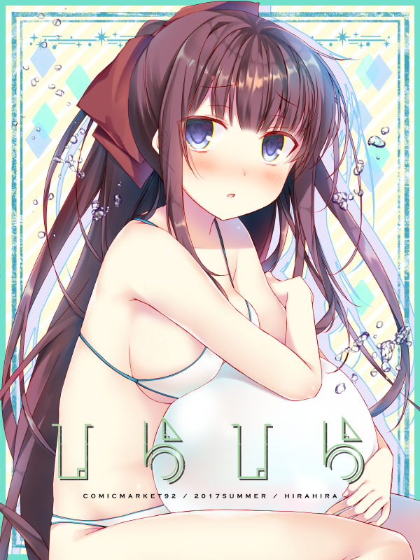 1girl :o artist_name ball bangs bare_arms bare_shoulders bikini blue_eyes blunt_bangs blush bow breast_press breasts commentary_request diagonal-striped_background eyebrows_visible_through_hair from_side hair_bow hirari long_hair looking_at_viewer looking_to_the_side medium_breasts new_game! object_hug open_mouth ponytail red_bow sideboob sitting striped striped_background swimsuit takimoto_hifumi very_long_hair white_bikini