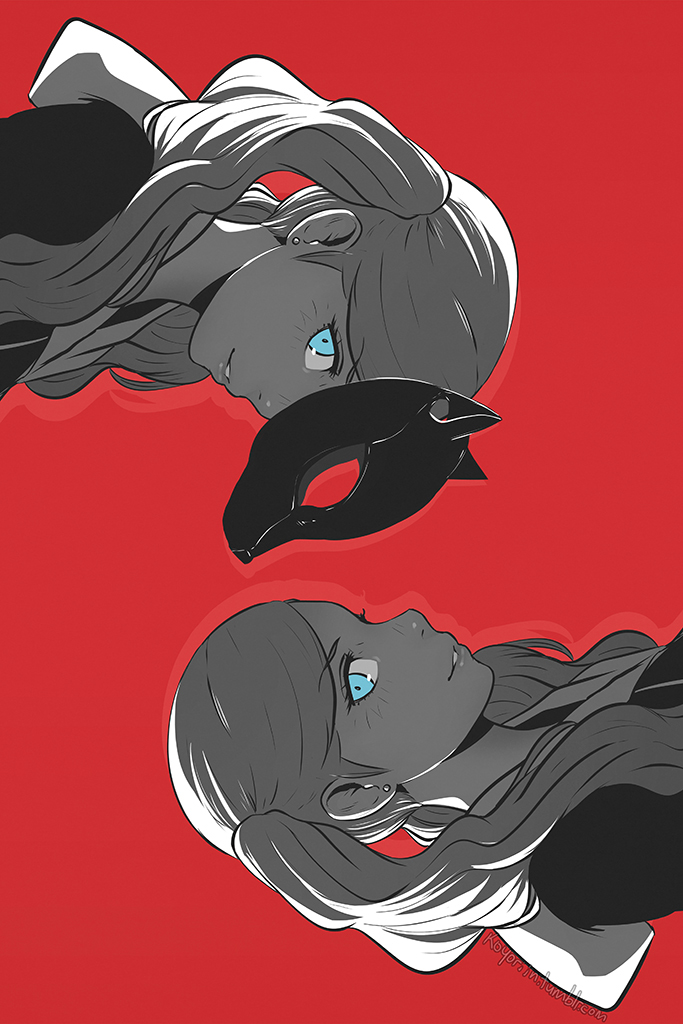 2girls artist_name blue_eyes earrings jewelry koyorin long_hair looking_at_viewer mask multiple_girls persona persona_5 red_background rotational_symmetry silver_hair simple_background smile takamaki_anne twintails