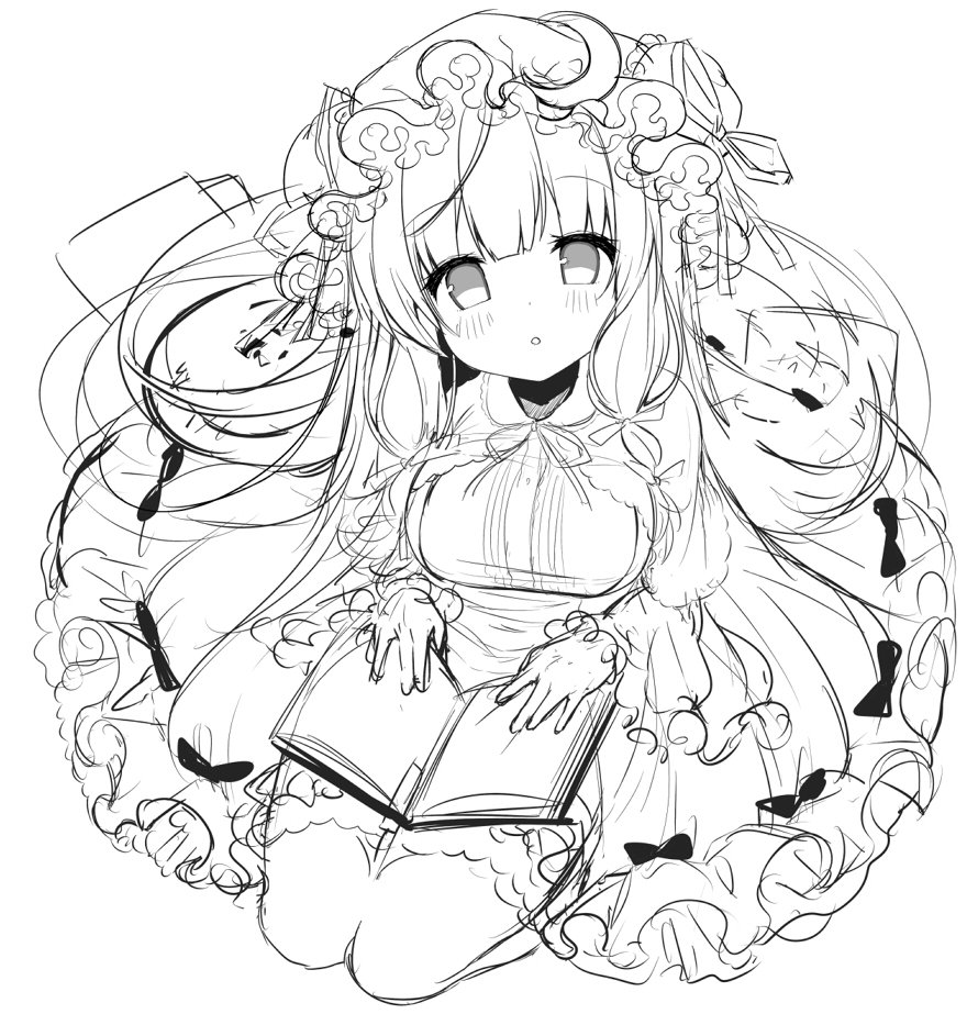 1girl :o bangs blunt_bangs book bow breasts capelet commentary_request crescent crescent_hair_ornament dress full_body hair_bow hair_ornament hat large_breasts long_hair looking_at_viewer mob_cap patchouli_knowledge seiza shiika_yuno simple_background sitting sketch solo touhou white_background