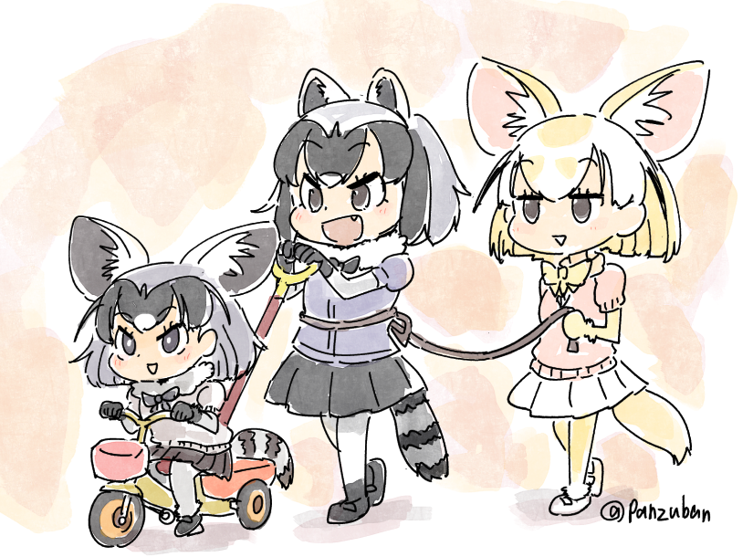 3girls :d animal_ears black_bow black_bowtie black_hair black_skirt blonde_hair bow bowtie common_raccoon_(kemono_friends) fang fennec_(kemono_friends) fox_ears fox_tail fur_collar grey_hair grey_sweater if_they_mated kemono_friends miniskirt multicolored_hair multiple_girls open_mouth pantyhose panzuban pink_sweater pleated_skirt raccoon_ears raccoon_tail rope short_hair skirt smile sweater tail tricycle twitter_username white_legwear white_skirt yellow_bow yellow_bowtie yellow_legwear