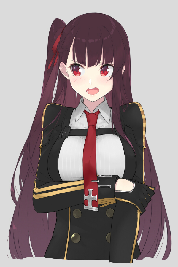 1girl bangs black_gloves blush collared_shirt cropped_torso double-breasted eyebrows_visible_through_hair fhang girls_frontline gloves long_hair long_sleeves looking_to_the_side military military_uniform necktie one_side_up open_mouth purple_hair red_eyes red_necktie shirt solo teeth underbust uniform upper_body wa2000_(girls_frontline) white_shirt