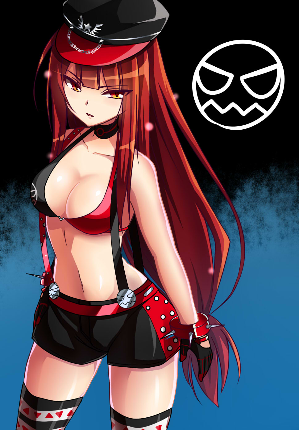 1girl alice360 alternate_costume bangs bikini_top black_gloves bracelet breasts choker cleavage crimson_avenger_(elsword) elesis_(elsword) elsword gloves hat highres jewelry long_hair looking_at_viewer low-tied_long_hair medium_breasts navel parted_lips peaked_cap redhead short_shorts shorts solo spiked_bracelet spikes suspender_shorts suspenders thigh-highs two-tone_bikini very_long_hair yellow_eyes