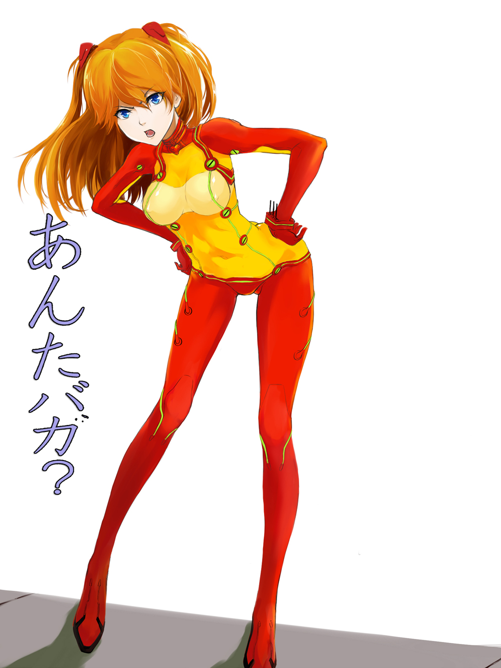 1girl blue_eyes breasts cleavage erect_nipples fengya gluteal_fold hands_on_hips highres leaning_forward long_hair looking_at_viewer medium_breasts neon_genesis_evangelion open_mouth orange_hair plugsuit rebuild_of_evangelion sketch solo souryuu_asuka_langley standing test_plugsuit translation_request twintails white_background