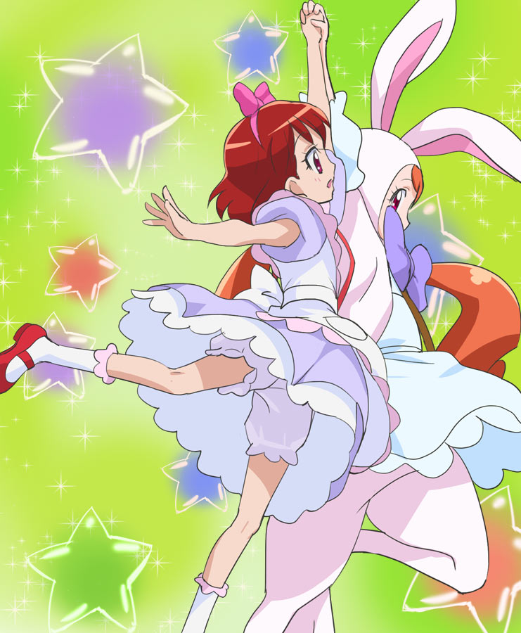 2girls animal_costume animal_ears arm_up bloomers bow bunny_costume green_background hair_bow haruyama_kazunori kenjou_miku kirakira_precure_a_la_mode long_hair multiple_girls orange_hair pink_bow pink_eyes precure rabbit_ears red_eyes redhead short_hair socks star starry_background twintails underwear usami_ichika