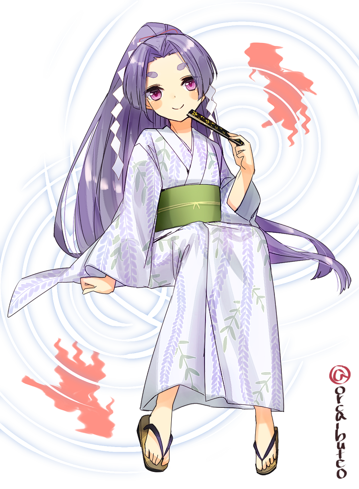 1girl closed_fan fan folding_fan full_body hair_ribbon hatsuharu_(kantai_collection) japanese_clothes kantai_collection kimono long_hair obi ponytail print_kimono purple_hair ribbon sandals sash shide sitting solo thick_eyebrows very_long_hair violet_eyes white_background white_kimono yamashiki_(orca_buteo) yukata