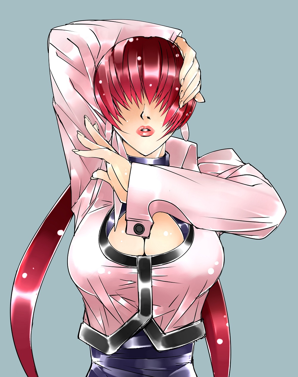 1girl arm_up blue_background breasts cai-man cleavage cleavage_cutout cropped_jacket earrings facing_viewer fingernails hair_over_eyes highres jacket jewelry lips long_hair redhead shermie simple_background snk solo taut_jacket the_king_of_fighters twintails very_long_hair white_jacket