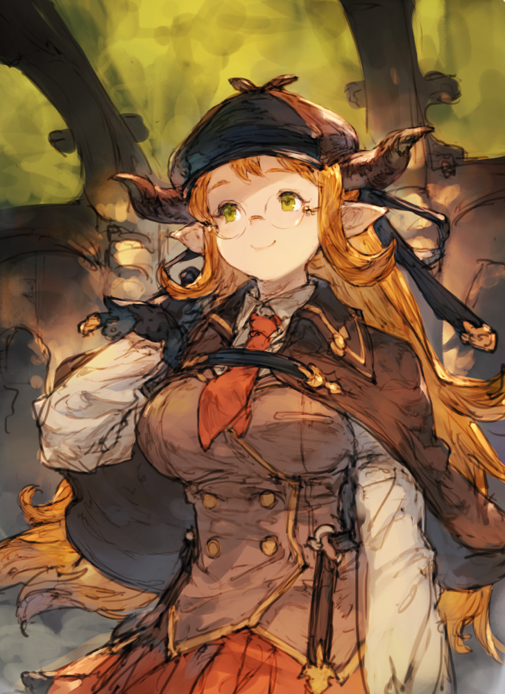 1girl arm_at_side black_gloves blonde_hair blush breasts capelet closed_mouth collared_shirt commentary_request doraf gloves granblue_fantasy green_eyes hat horns junwool large_breasts long_hair looking_away looking_up necktie pleated_skirt pointy_ears red_necktie red_skirt saaya_(granblue_fantasy) shirt sketch skirt smile solo very_long_hair white_shirt wing_collar