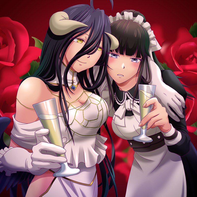 2girls ahoge albedo alcohol apron arm_around_shoulder bangs bare_shoulders black_hair blue_eyes blush breasts champagne champagne_flute cleavage cup demon_girl demon_horns detached_collar dress drinking_glass drunk elbow_gloves gloves hip_vent horns huge_ahoge jewelry k-ta large_breasts long_hair maid maid_headdress multiple_girls narberal_gamma overlord_(maruyama) ponytail rose_background slit_pupils smile very_long_hair white_dress white_gloves yellow_eyes