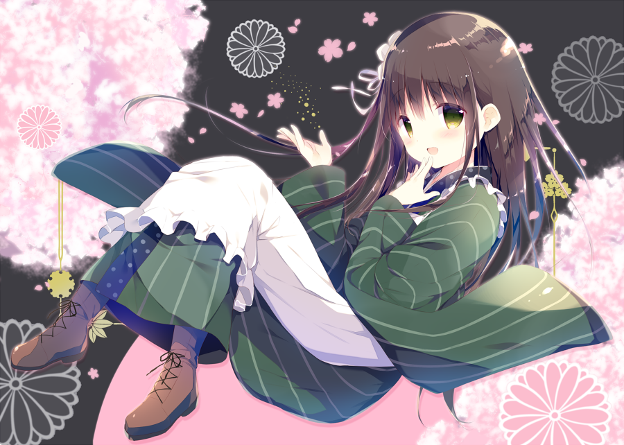 1girl ama_usa_an_uniform apron bangs black_background blush boots brown_boots brown_hair cherry_blossoms commentary_request cross-laced_footwear flower gochuumon_wa_usagi_desu_ka? green_eyes green_kimono hair_flower hair_ornament hand_to_own_mouth japanese_clothes kimono long_hair long_sleeves looking_at_viewer maid_apron open_mouth polka_dot_trim ribbon shiratama_(shiratamaco) smile solo striped striped_kimono ujimatsu_chiya white_apron white_flower white_ribbon wide_sleeves