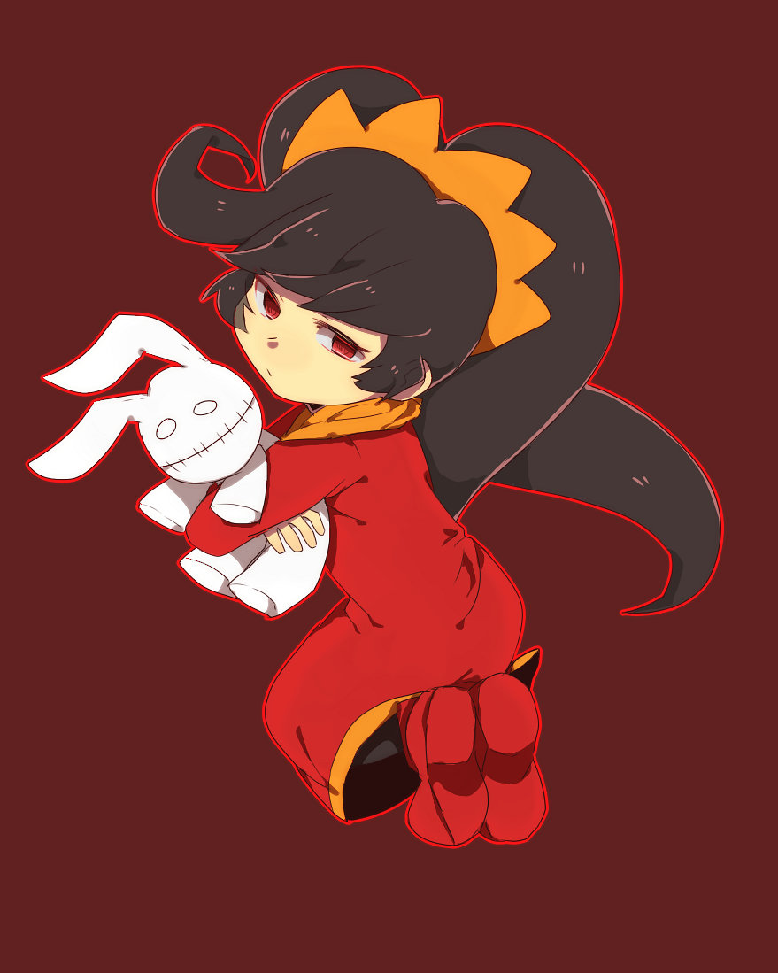 1girl asatami_(pixiv6025254) ashley_(warioware) bangs black_hair black_legwear commentary_request dress from_behind full_body hairband holding holding_stuffed_animal long_hair long_sleeves looking_at_viewer looking_back orange_hairband pantyhose red_background red_dress red_eyes red_outline red_shoes shoes simple_background solo stuffed_animal stuffed_bunny stuffed_toy twintails very_long_hair warioware